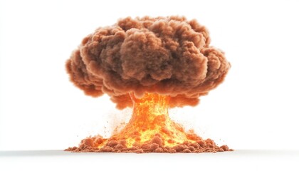 nuclear bomb explosion, characterized by sparks and smoke, set against a white background.