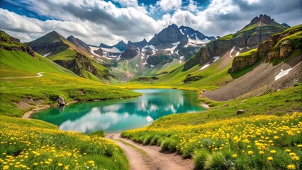 Green alpine rocky mountains with footpath