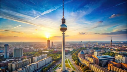 Obraz premium Low angle view of Berlin TV tower towering over the city skyline, Berlin, TV tower, landmark, architecture