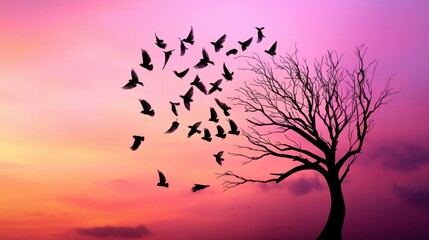 Fototapeta premium Flock of Birds Silhouetted Against Dramatic Colorful Sunset Sky and Tree Branches