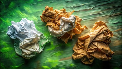 Crumpled green, white, and brown papers, captured in a long exposure.