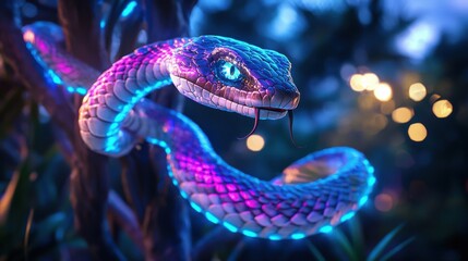 Vibrant Serpent Coiled in Ethereal Forest Nightscape