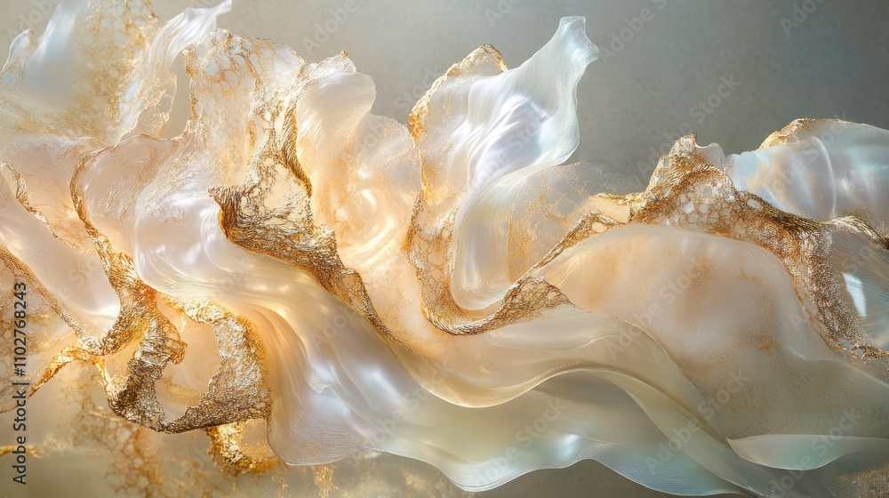 Aufkleber an abstract composition featuring flowing, translucent forms in soft colors and textures.
