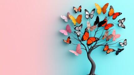 Fototapeta premium Colorful Butterflies Floating on a Tree Branch Against a Soft Pink and Turquoise Background