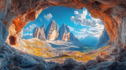 View from the cave with a beautiful mountain background
