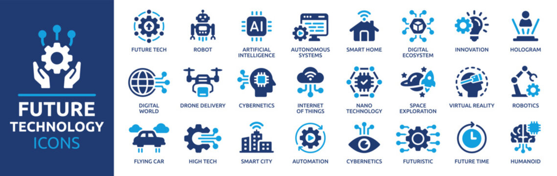 Future technology icon set. Containing robot, artificial intelligence, innovation, smart city, robotics, humanoid, hologram, digital world, high-tech and automation. Solid vector icons collection.