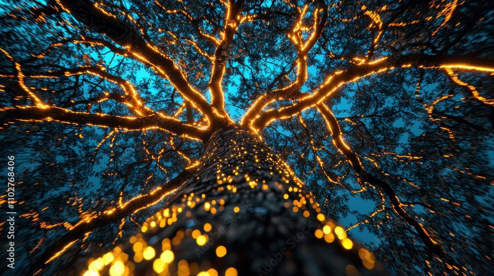 Poster magical frozen forest with glowing branches and icy patterns