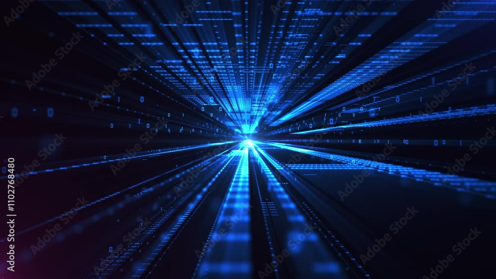 Poster Blue cyberspace with digital light beam surrounded by binary code and futuristic gridlines, symbolizing advanced technology and data transfer. Technology abstract background