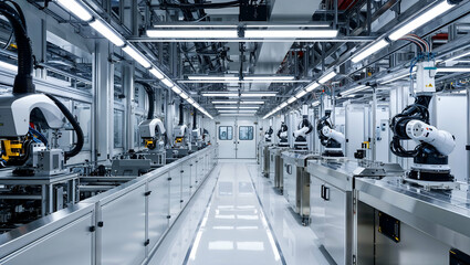 Advanced robotics assembly line in a high-tech manufacturing facility showcasing automated processes and precision engineering