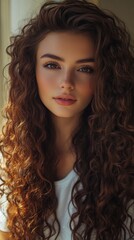 Close-up portrait of a young woman with long, voluminous curly hair cascading down her shoulders, warm lighting enhancing her natural beauty and soft features.