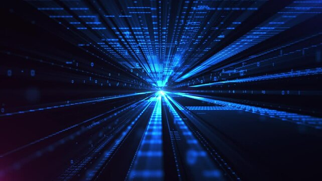 Blue cyberspace with digital light beam surrounded by binary code and futuristic gridlines, symbolizing advanced technology and data transfer. Technology abstract background