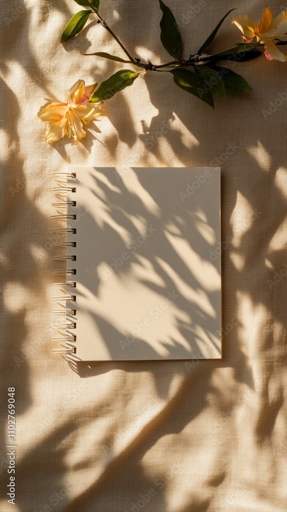 Poster sunlit notebook with delicate shadows cast by blooming branch, creating a serene and artistic compos