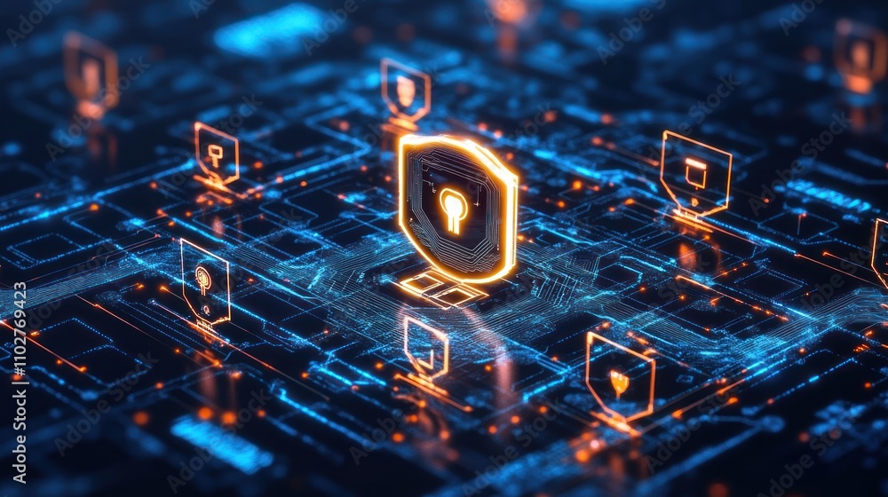 Aufkleber digital representation of cybersecurity with glowing shields and network connections.