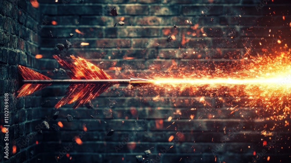 Aufkleber a dynamic image of a fiery arrow piercing through a wall, creating sparks and debris.