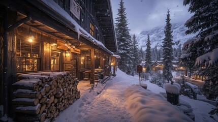 Fototapeta premium A cozy cabin in a snowy landscape, illuminated by warm lights amidst a winter evening.