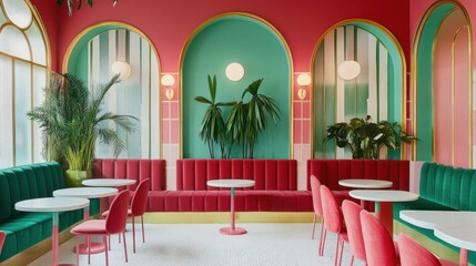 Vibrant cafe interior with red booths, mint green accents, and arched alcoves.