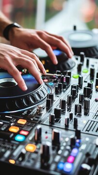 Close-up of DJ's hands manipulating turntables and mixer controls on professional equipment, showcasing the intricate art of music mixing at a live event.