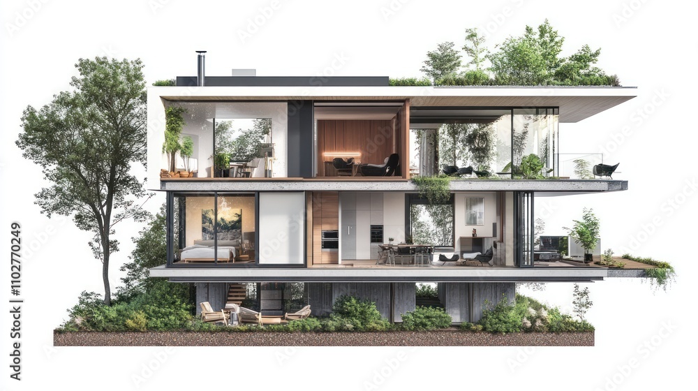 Poster a modern architectural design showcasing a multi-level house with greenery.