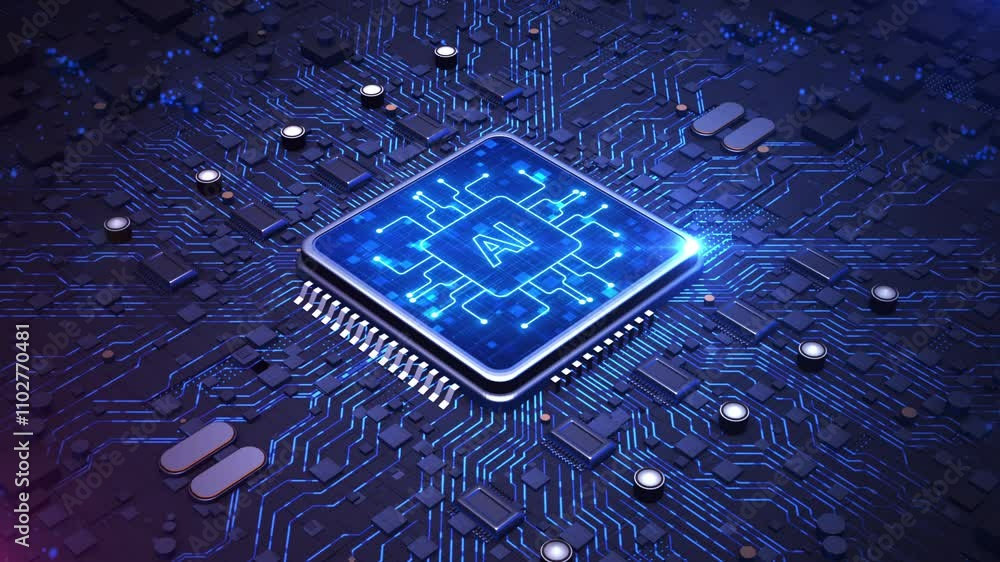 Poster ai microchip embedded in an intricate blue circuit board, representing advanced artificial intellige