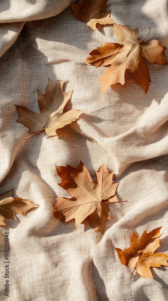 Poster sunlight casts gentle shadows on crisp autumn leaves scattered across soft linen fabric, creating a 