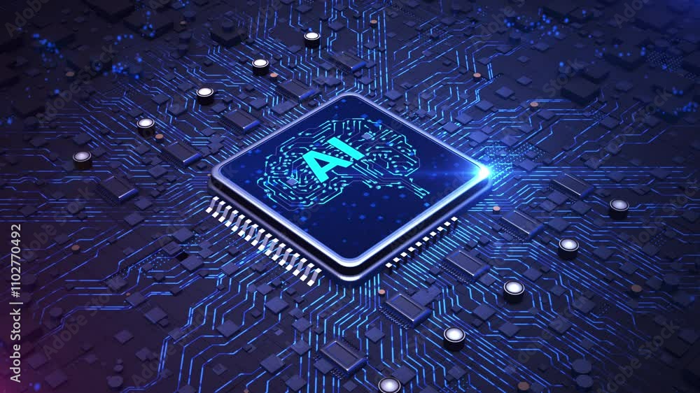 Poster futuristic ai chip with a brain-shaped circuit design glowing on a high-tech blue circuit board, rep