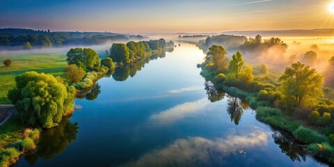 Obraz premium A serene and beautiful morning overlooking a peaceful river from above , aerial, shot, sunrise, nature, peaceful