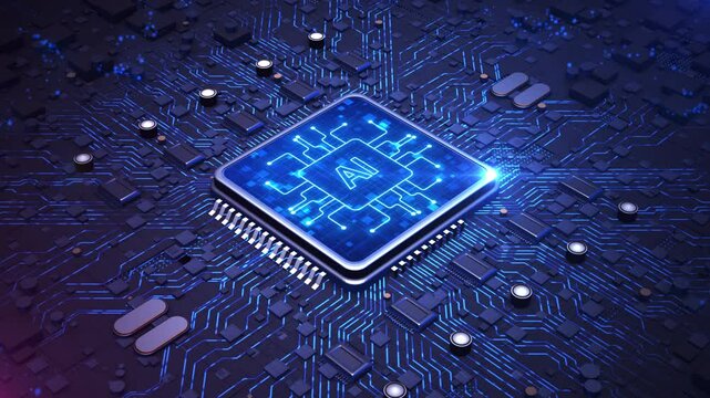 AI microchip embedded in an intricate blue circuit board, representing advanced artificial intelligence, futuristic computing, and digital innovation. Big data transmission connection background