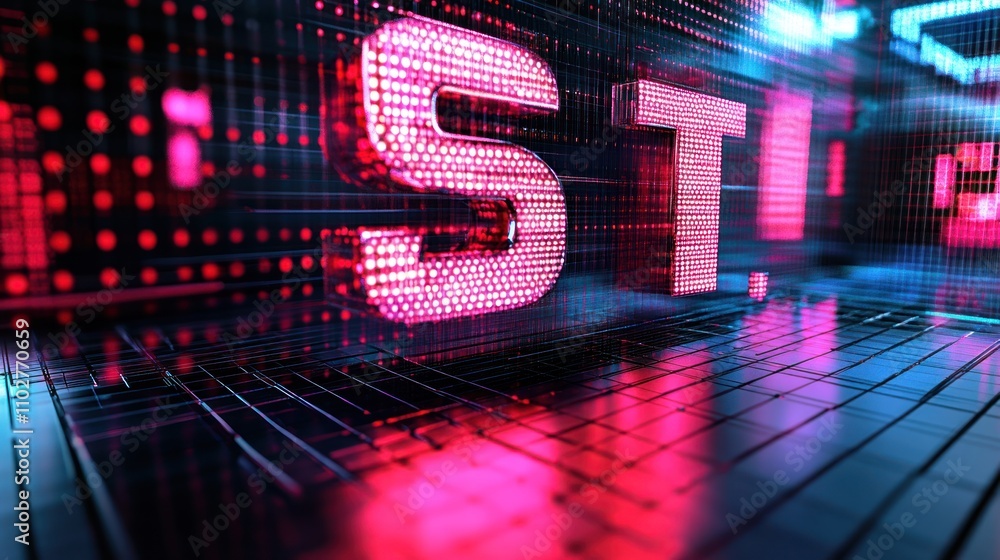 Poster a digital display with vibrant lights and bold text, emphasizing technology and modern design.