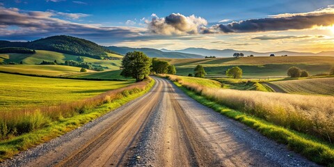 Obraz premium Gravel road winding through picturesque countryside landscape, gravel, road, countryside, nature, rural, tranquil, idyllic