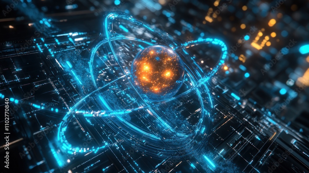 Aufkleber a digital representation of an atom with glowing electrons and a nucleus, symbolizing science.