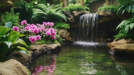 A serene garden scene featuring a waterfall and vibrant flowers.