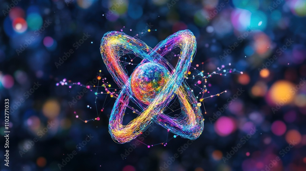 Poster a colorful, abstract representation of an atom, symbolizing science and technology.