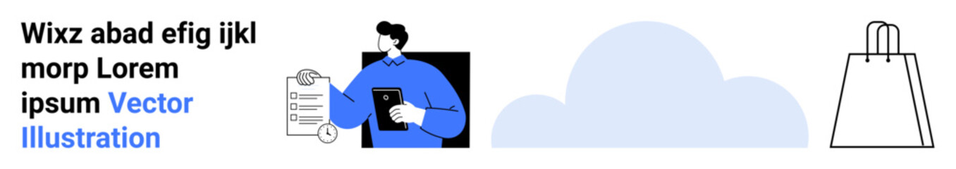 Businessman in blue holding a tablet with a checklist, large cloud shape, and simple shopping bag drawing. Ideal for business planning, to-do lists, digital marketing, e-commerce, cloud storage