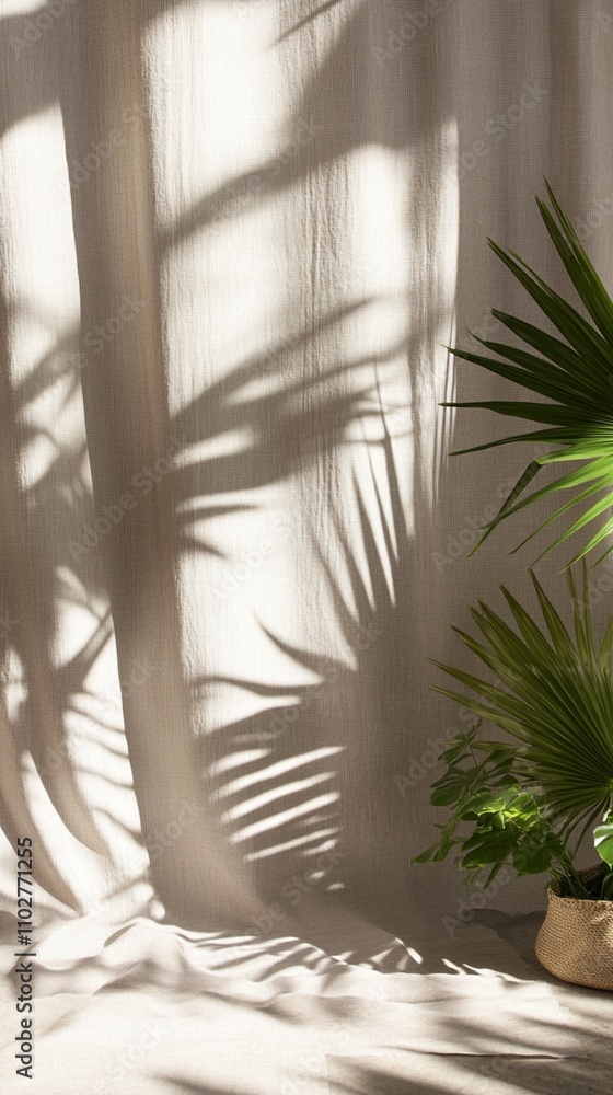 Poster sunlight casts intricate palm leaf shadows on a white curtain, creating a mesmerizing interplay of l