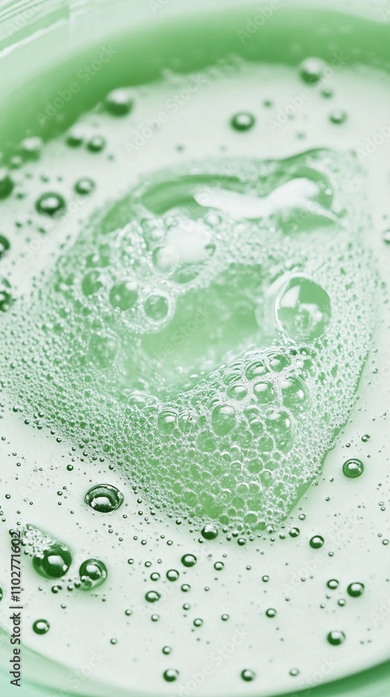 Poster refreshing green liquid with effervescent bubbles and foam creates a mesmerizing macro view, evoking