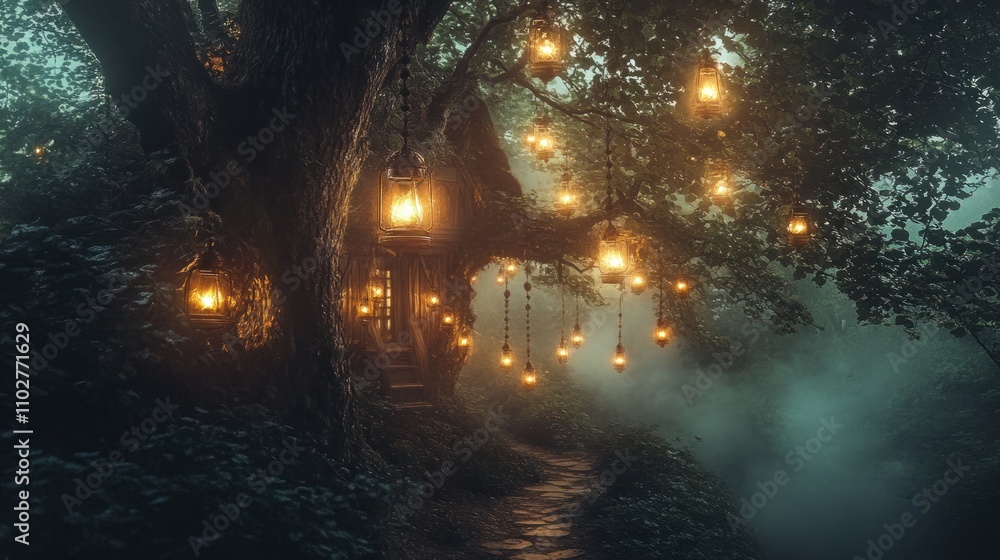 Poster a mystical treehouse illuminated by lanterns in a foggy forest setting.