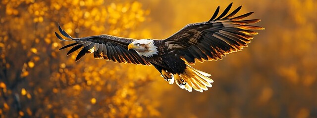 Obraz premium Majestic Eagle in Flight Against Golden Sunset Forest Backdrop