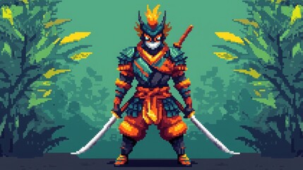 Fototapeta premium Heroic warrior pixel art character design in lush jungle setting