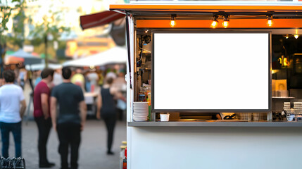 Blank Menu Board on Food Truck in Busy Market