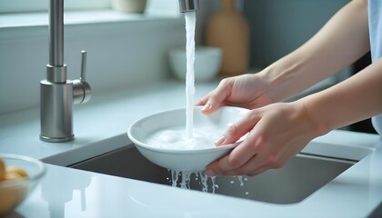 A pair of female hands washing a white ceramic plate under running water in a modern kitchen sink, soap suds and a bright