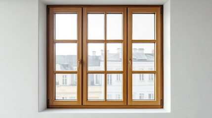 Obraz premium A wooden-framed window showcasing an urban view with buildings in the background.