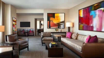 A modern hotel suite featuring stylish furniture and vibrant artwork.