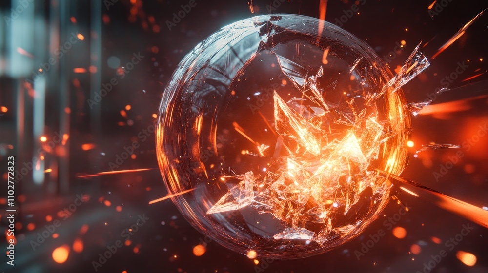 Aufkleber a shattered crystal sphere emitting fiery light, creating a dynamic visual effect.