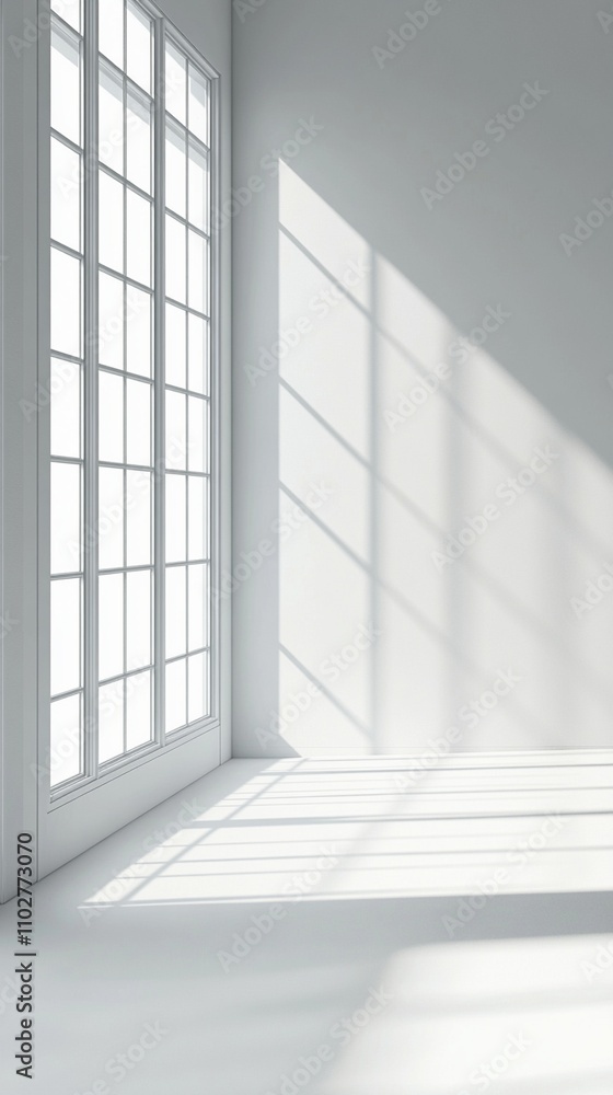 Poster sunlight streams through a large grid-patterned window, casting geometric shadows on the pristine wh