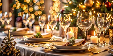 Luxury festive banquet table setting with elegant glasses, plates, cutlery, and napkins, luxury, festive, banquet, table