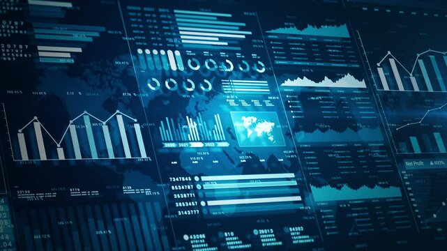 High-tech financial dashboard with data visualizations, charts, and global analytics, illustrating business trends, market analysis, and strategy for business and financial investment background