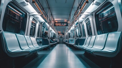 Obraz premium A quiet subway train interior with empty seats and ambient lighting.