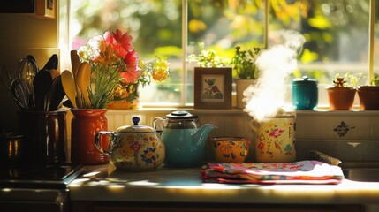 A cozy kitchen scene with colorful teapots, flowers, and steam rising from a kettle.