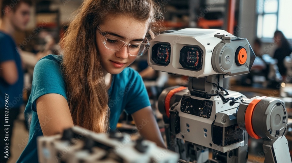 Poster young student engrossed in robotics project, adjusting intricate components of a humanoid robot with