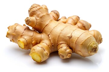 Ginger root, a culinary spice, isolated in a stark white setting.